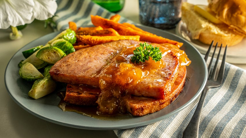 And Eggs Smoked Ham Steak GAMMON STEAKS WITH ASPARAGUS, PEA BEAN