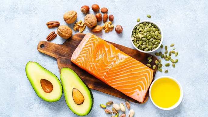 Omega-3 food sources, salmon fillet, avocado, oil, nuts and seeds