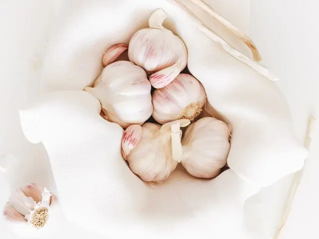High FODMAP garlic bulbs nestled in a white muslin cloth