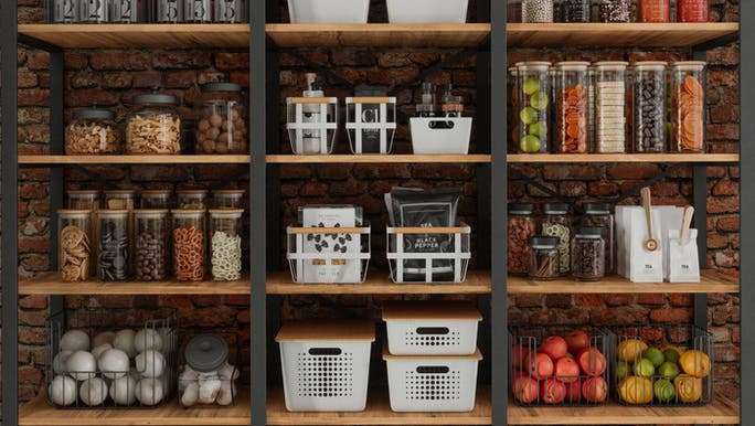 A pantry is neatly stacked with glass jars and baskets containing food