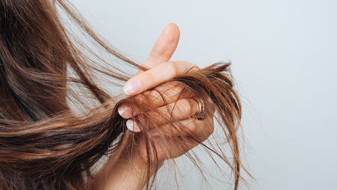 Close up of brown, straight hair being inspected for damage. The owner clearly keeps their hair healthy. 