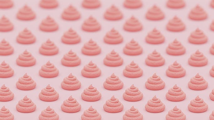 On a pink background, lots of tiny pink poops are lined up. 