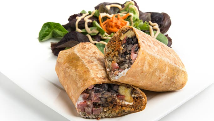 Soy chorizo is used as a vegan ‘meat’ substitute in a vegan wrap. 
