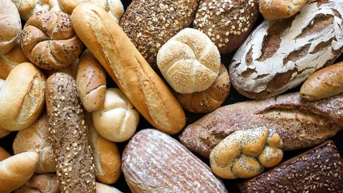 Different varieties of breads, bread rolls and loaves