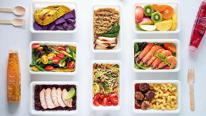 A flat lay of a dietitian created meal plan, all prepped and ready to eat. 