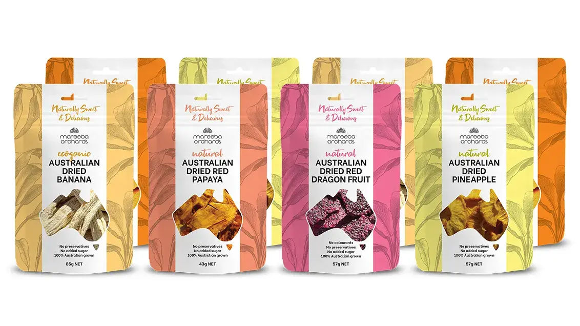 Assorted packs of Mareeba Orchards product side by side.