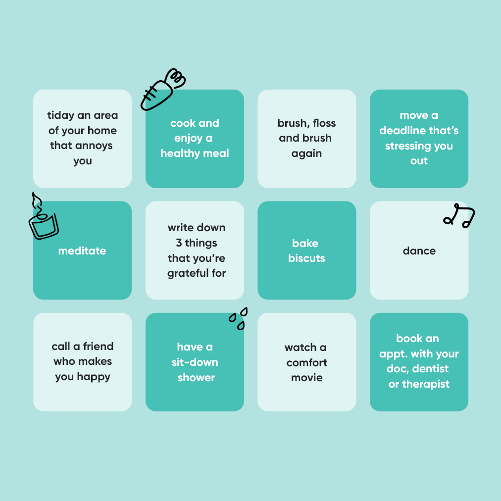 Self care bingo card 2 as simple as warm biscuits out of the oven or a couch session with your favourite movie.