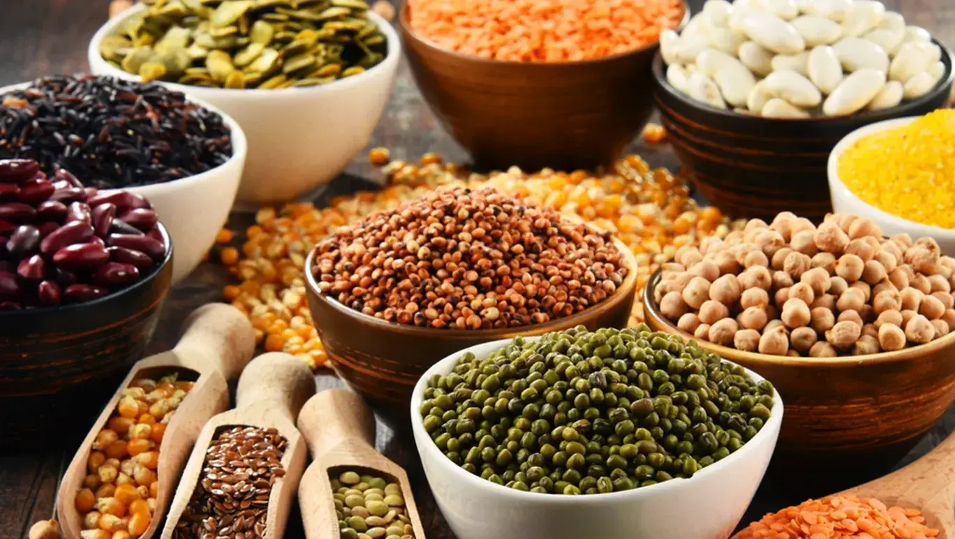 Bowls and scoops of legumes and seeds on a table