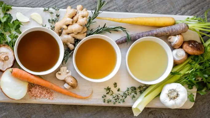 Three bowls of homemade low FODMAP soup and ingredients