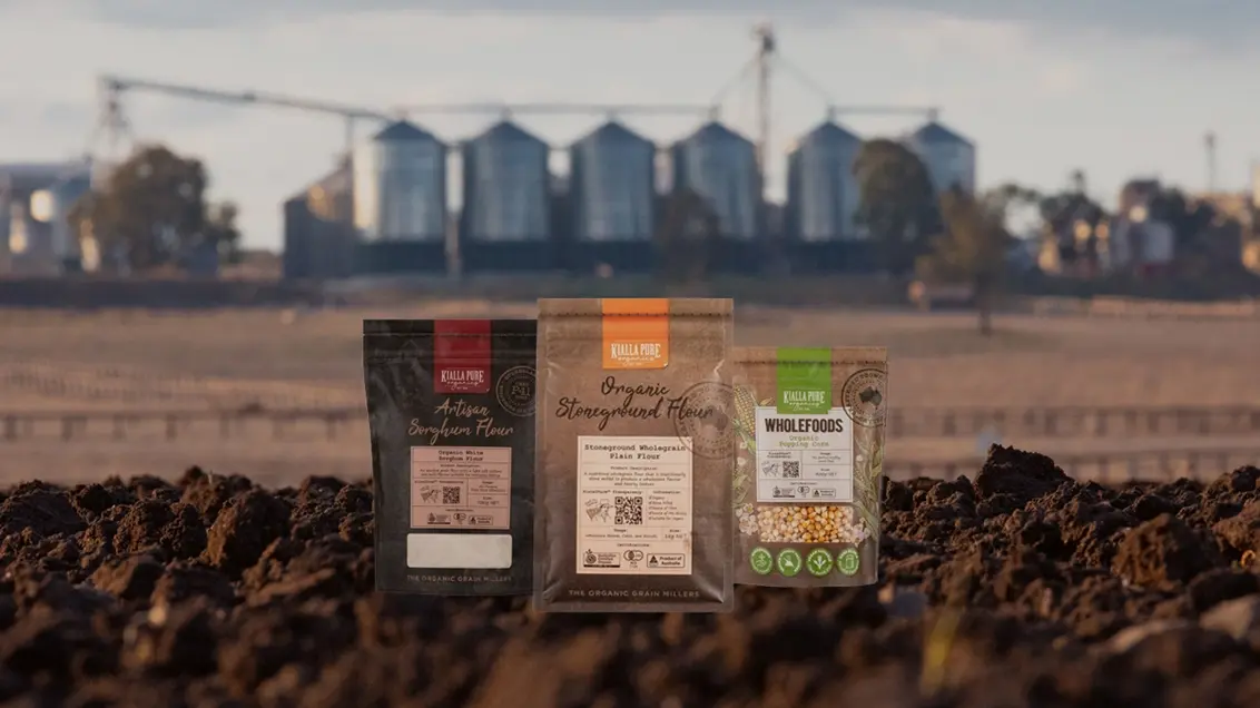 Kialla products on display with the mill in the background