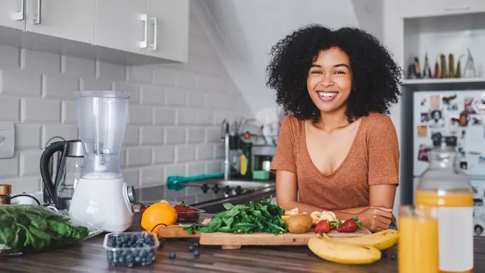 Smiling woman with black curly hair in the kitchen preparing fresh vegetables and fruits