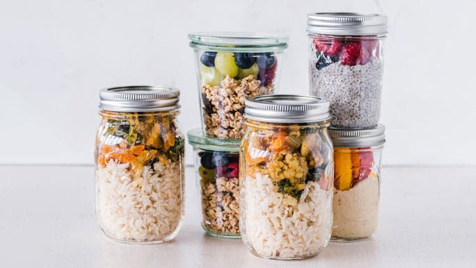 Six meal prepped jars
