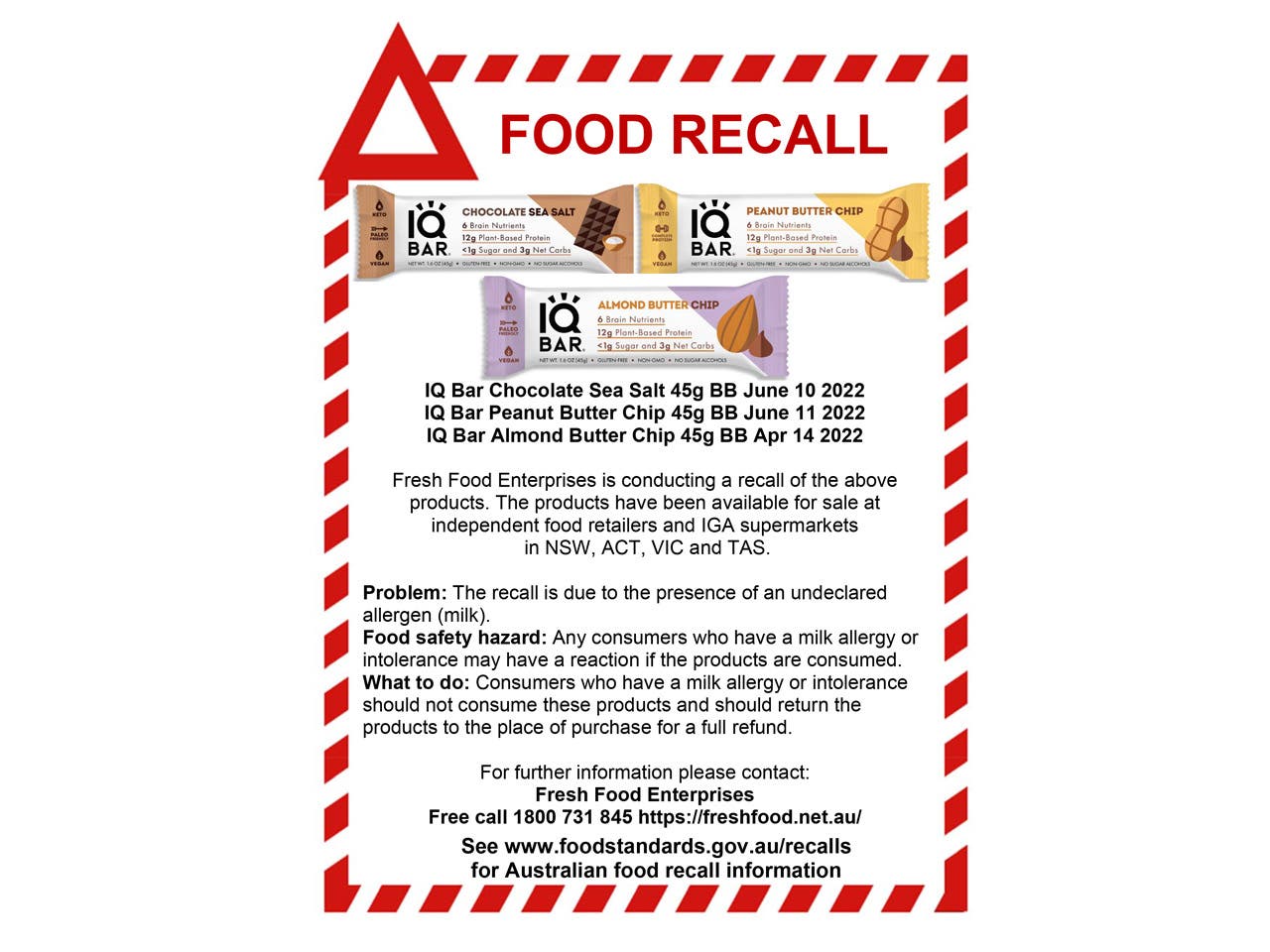 IQ Bars Food Recall notice