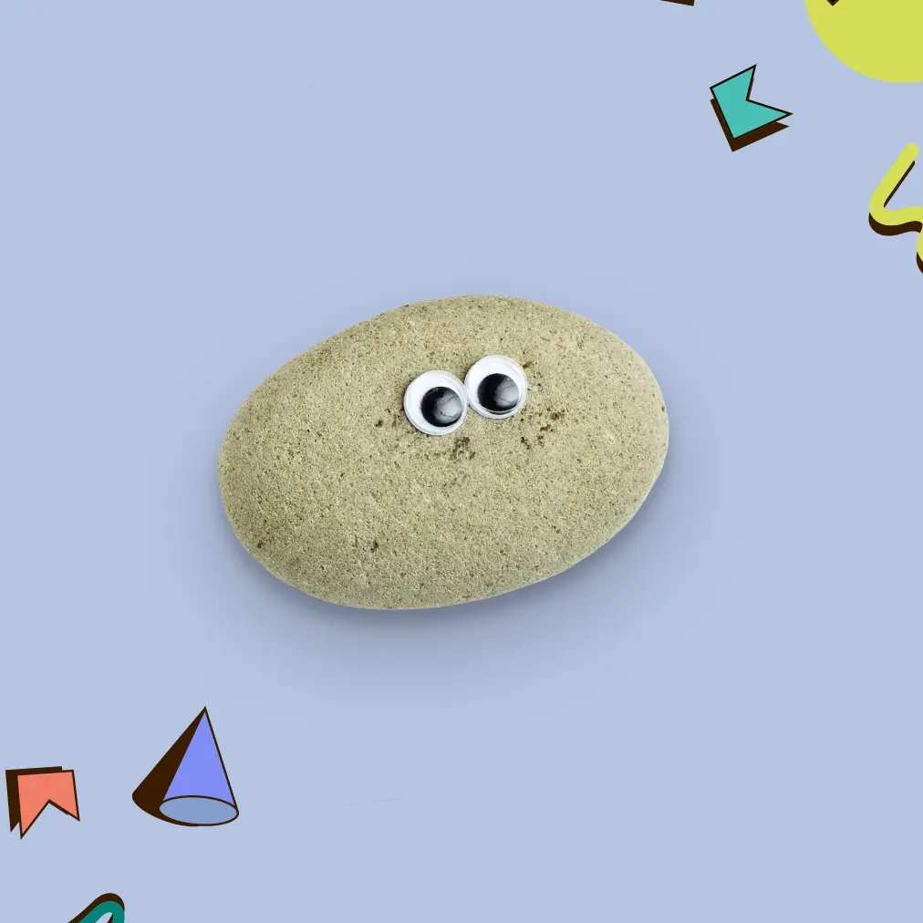 small smooth rock with goggly eyes stuck onto it on a graphic background