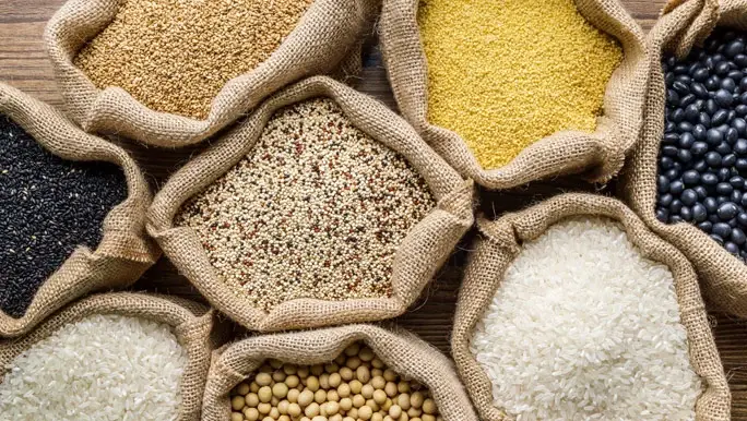 A variety of calico bags of grains