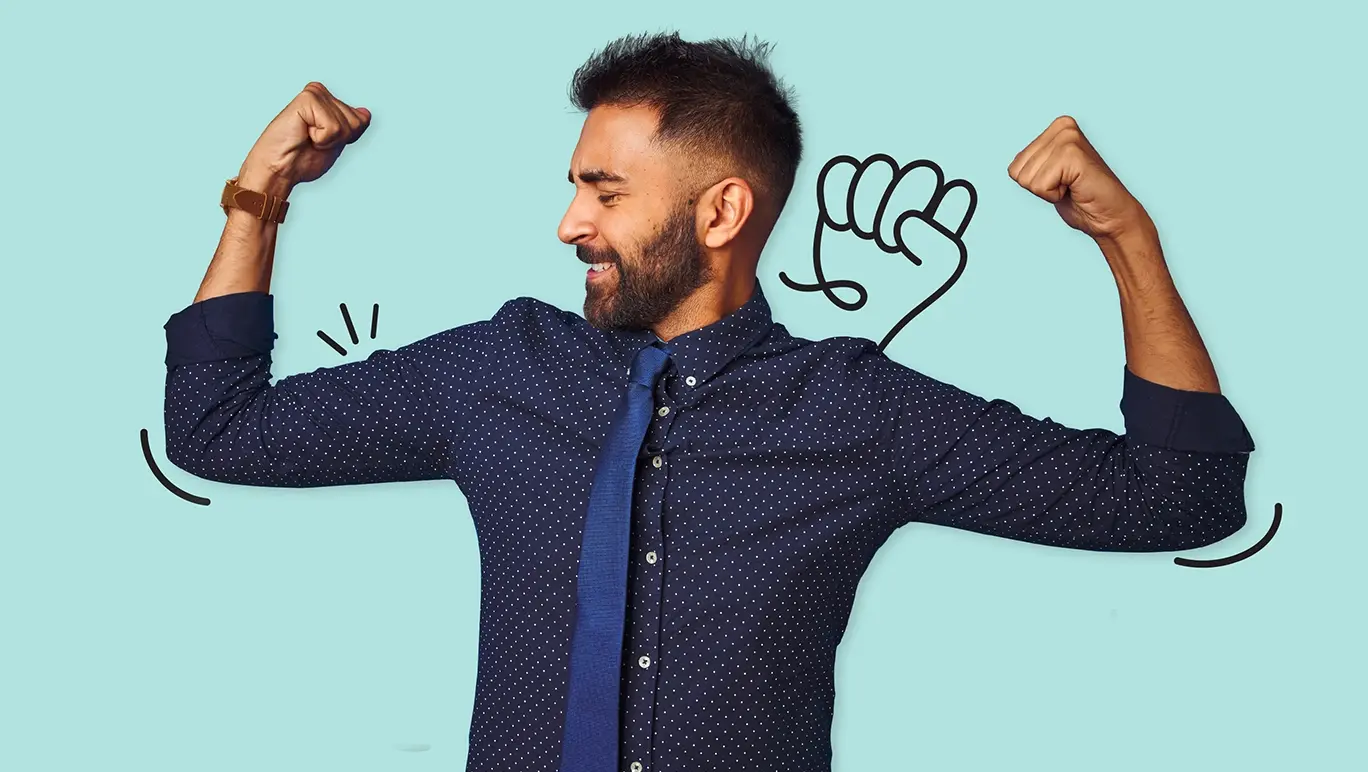 Happy man in a blue shirt doing a strong man pose and smiling