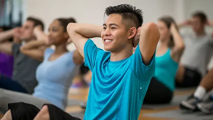 Man is engaging in a sit up exercise while in a group fitness class. He is wearing a blue shirt with his hands crossed behind his head and is smiling.