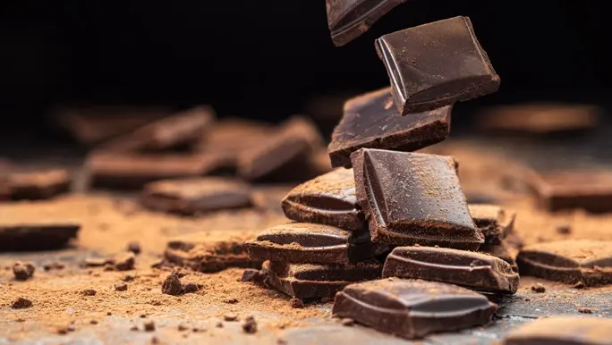 Dark chocolate squares dusted in cocoa powder