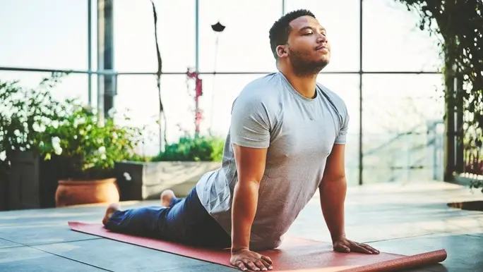 Man in grey t-shirt and navy pants in upward facing dog pose on a yoga mat in the greenhouse