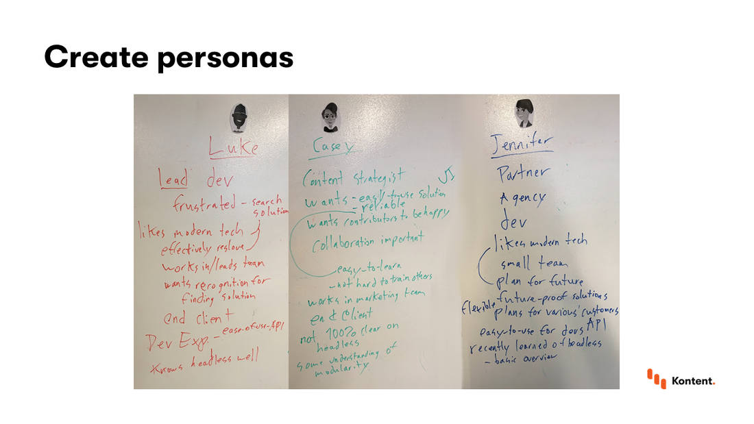 A whiteboard with lots of words on it outlining our ideas about personas