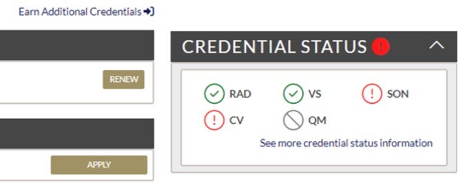 Screenshot showing the credential status section of an R.T.'s dashboard