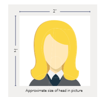 A graphic that shows a two-inch photo, which depicts the approximate size your head should be in an ARRT application photo 