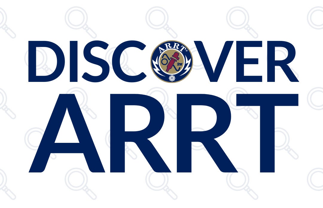 Discover ARRT banner: Blue text on a white background patterned with magnifying glasses