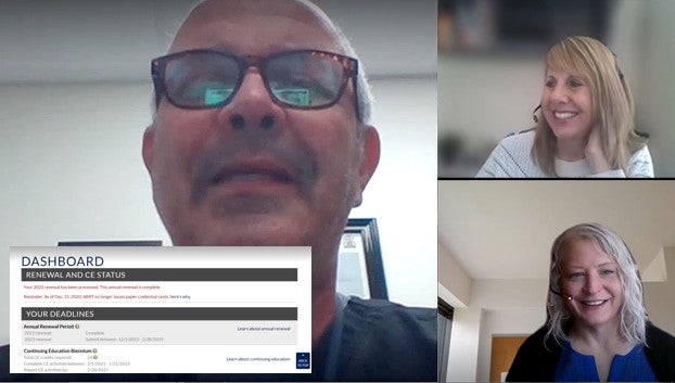 Screenshot of a virtual ARRT usability test with a photo of an R.T. on the left, and photos of two UX researchers stacked on the right. The R.T.'s ARRT account dashboard is superimposed on the lower left corner of the screen.