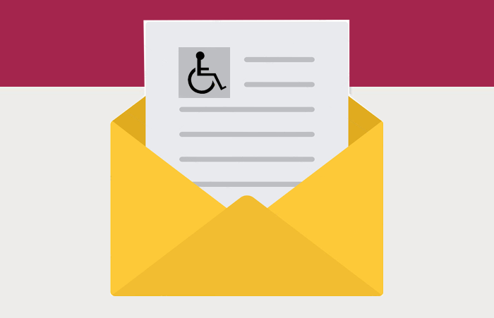 A graphic that has a tan and dark red background, with a document with the handicap symbol (person in a wheelchair) on it sticking out of a yellow envelope
