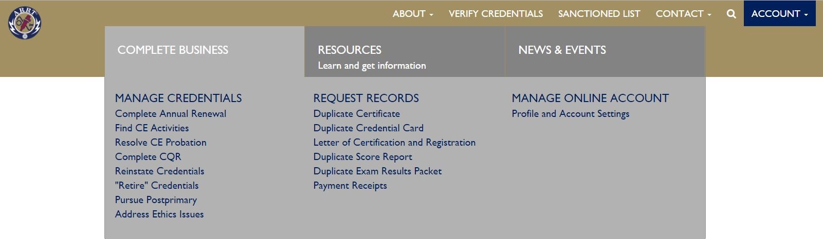 A screenshot of the ARRT website's mega navigation menu