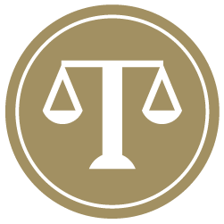 Gold circle with a balanced scale/ethics icon in the middle.