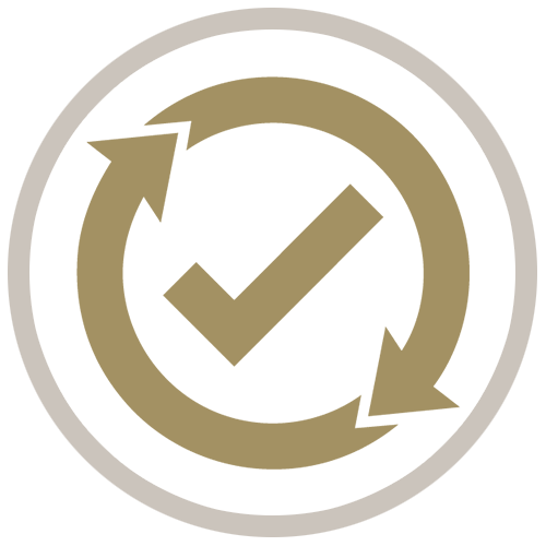 Gold circle icon showing a Quality Management graphic