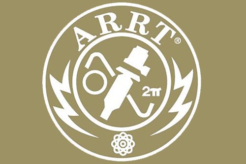 Gold and white ARRT logo, which includes an illustration of an X-ray tube and a sine wave, energy bolts, the atomic symbol, and the letters 