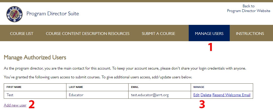 Screenshot of the Manage Authorized Users page of ARRT's Program Director Suite tool, highlighting recent website enhancements.