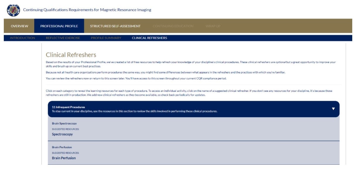 Screenshot of Continuing Qualifications Requirements (CQR) Professional Profile, Clinical Refreshers