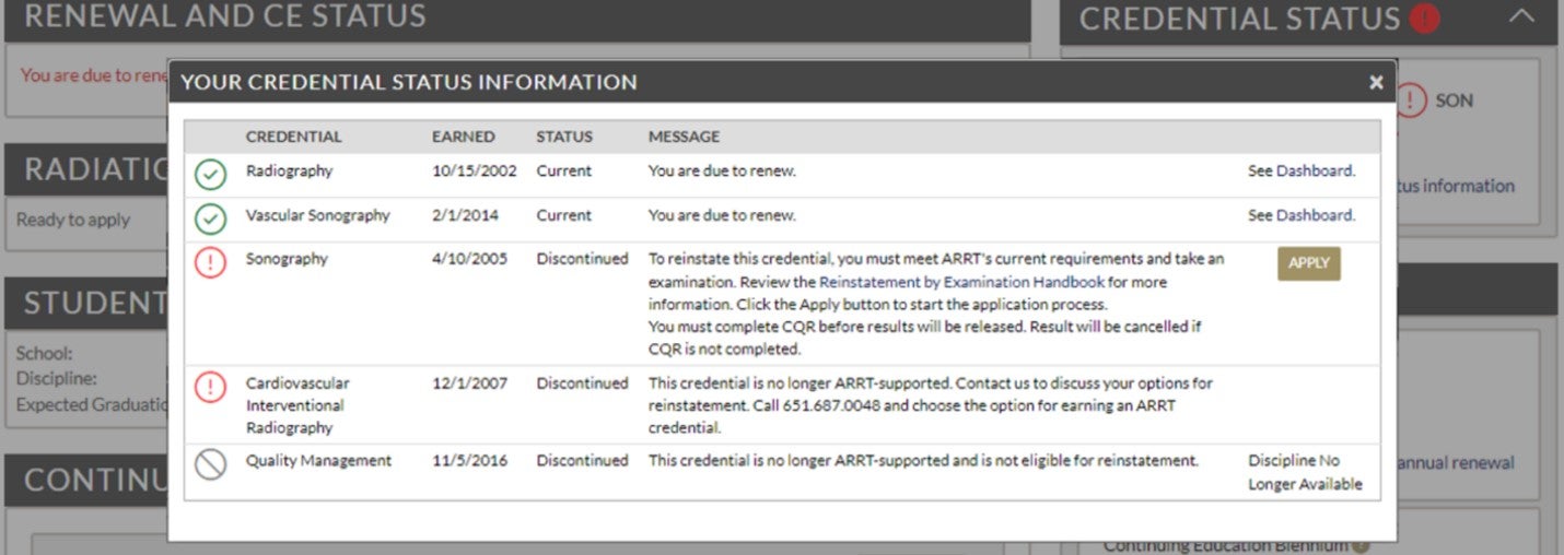 Screenshot of an R.T.'s dashboard showing the detail of their credential status window