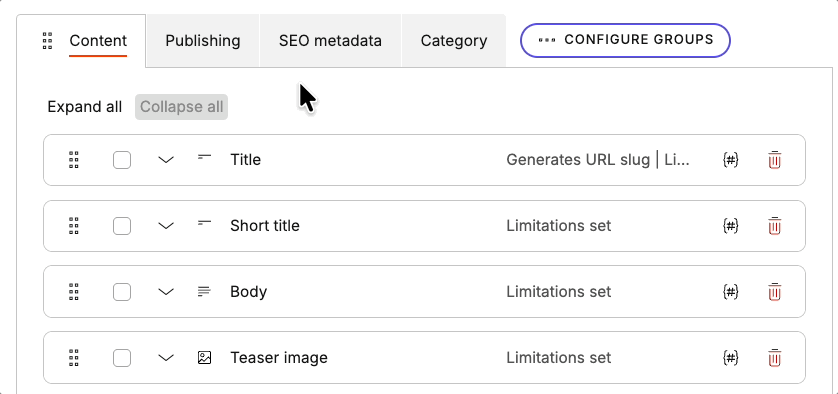 Browsing through content groups in content type editing.