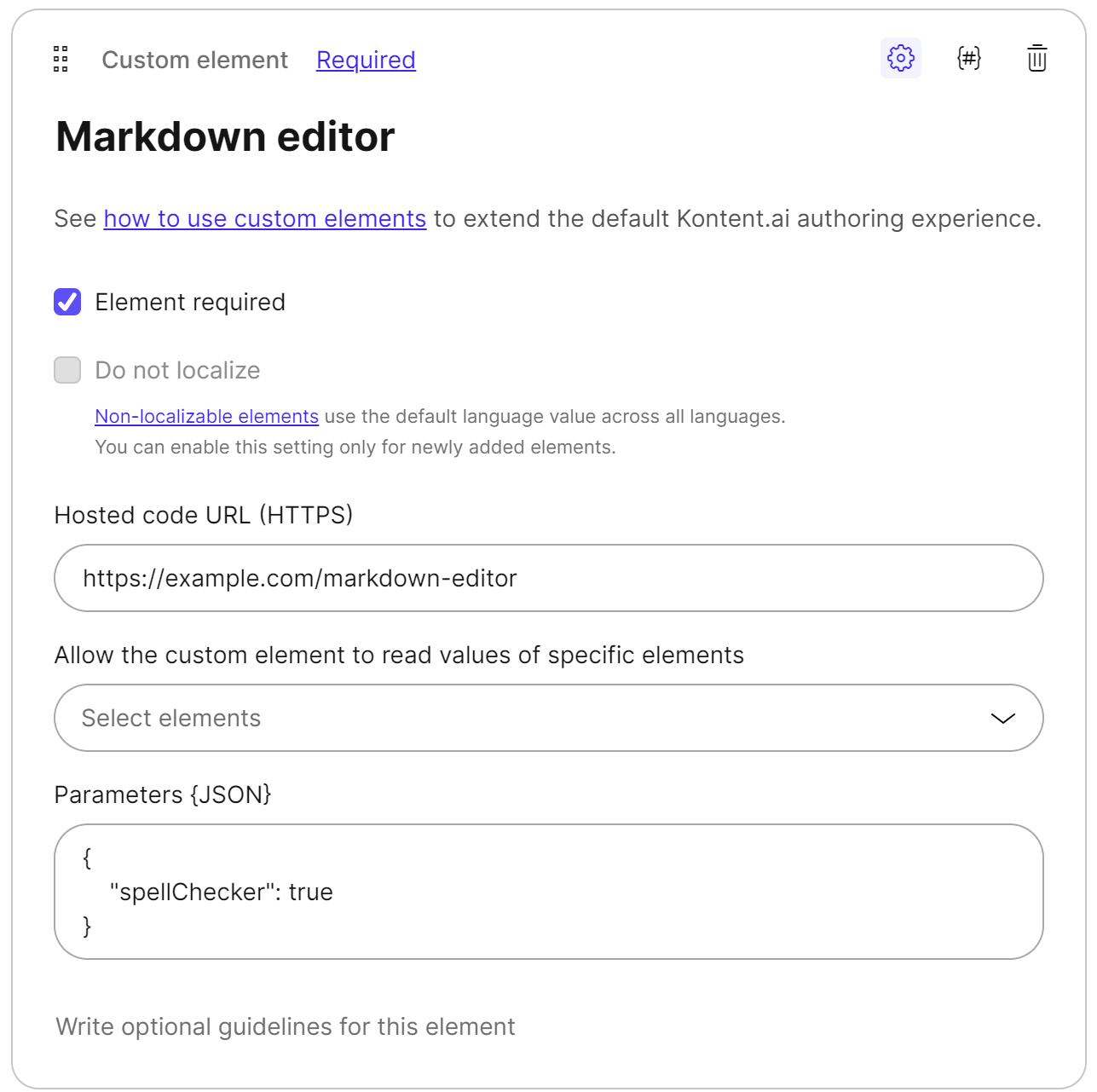 Custom element configuration