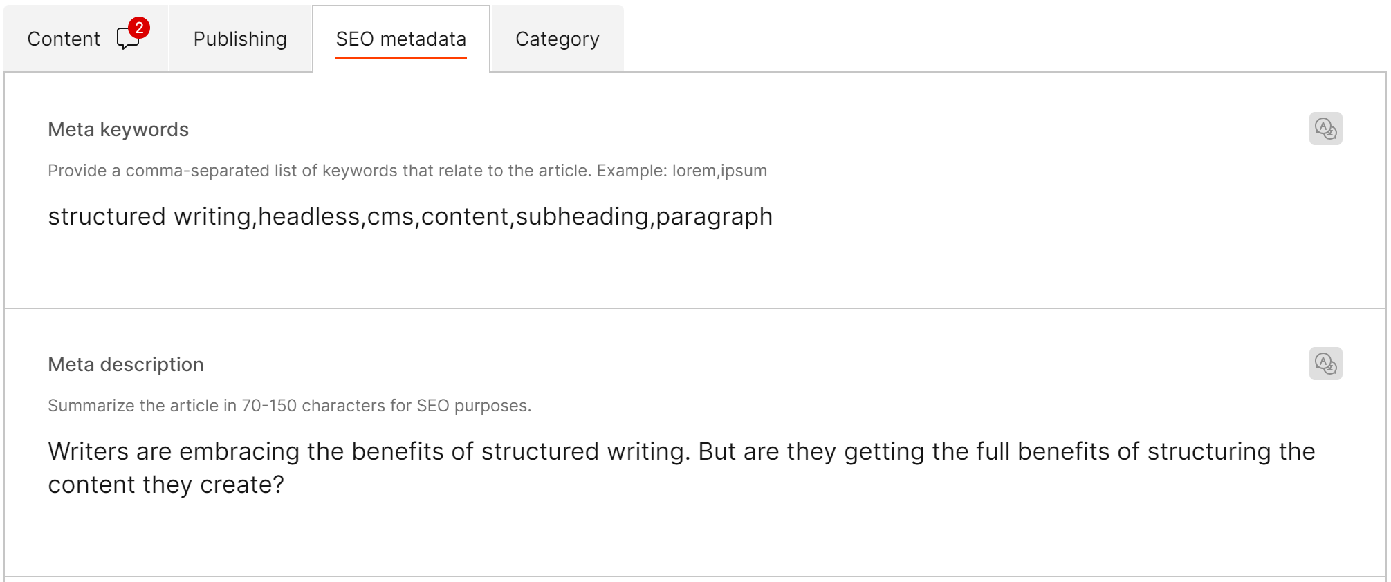SEO metadata snippet as seen in a content item