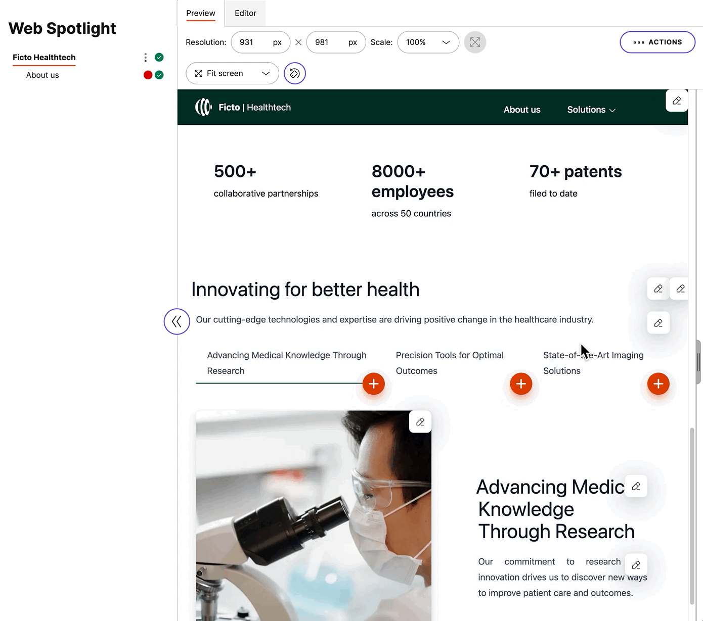 Editing content in the in-context editor in Web Spotlight.