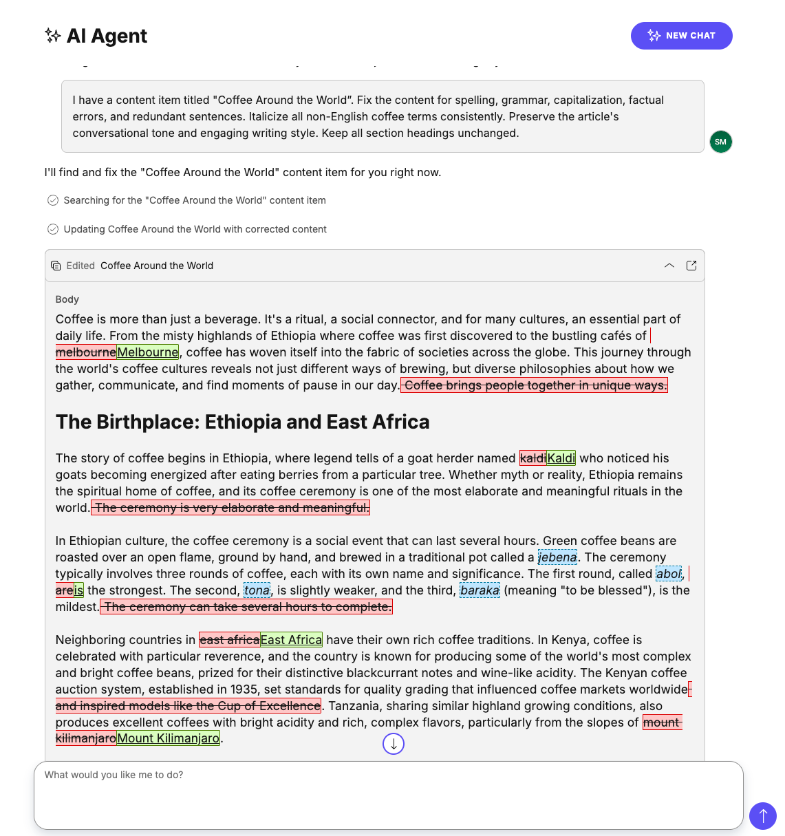 AI Agent chat interface showing an expanded view of the content item with highlighted changes. Deletions appear in red strikethrough, additions appear in green underline, and formatting changes appear with blue outlines.