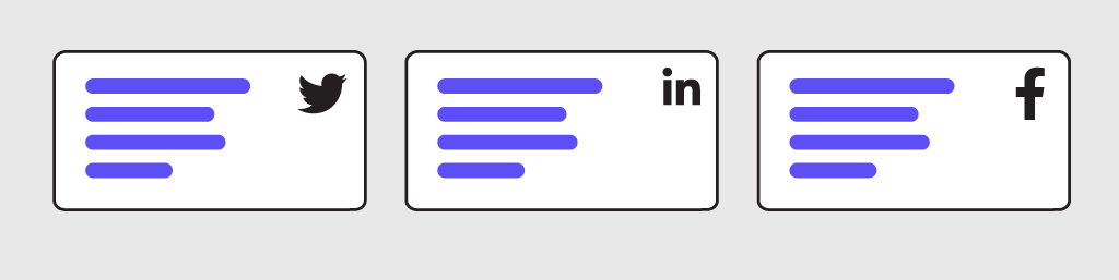 An illustration of social media posts on Twitter, Linkedin, and Facebook, all with the same content.