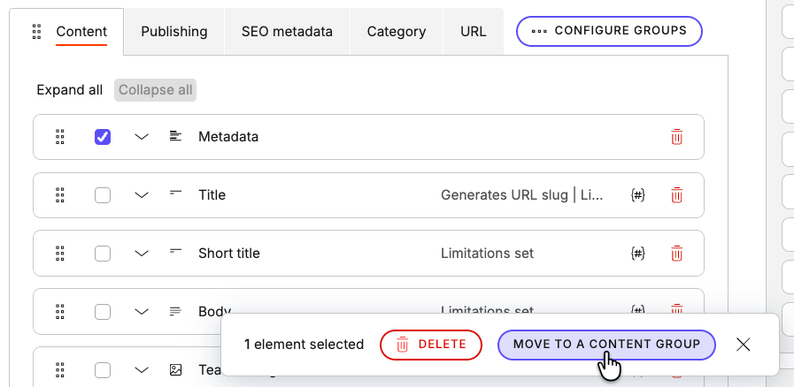 Moving an element to a content group in a content type