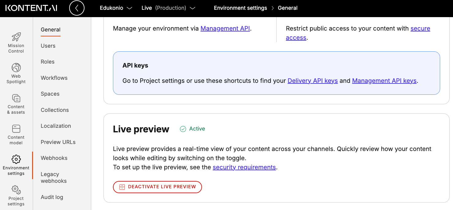 Live preview activation card in Environment settings