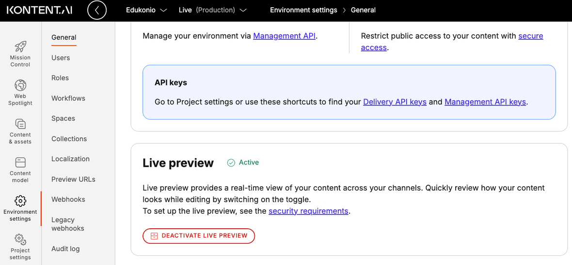 Live preview activation card in Environment settings