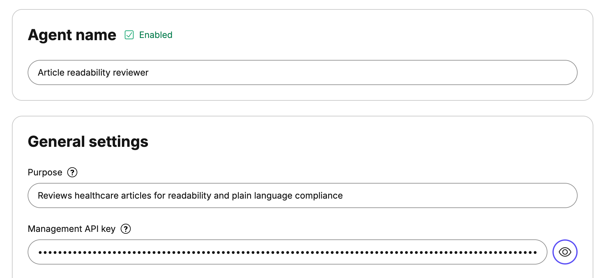 An expert agent has a name, a purpose description, and an API key to be identifiable among teammates and provide the agent access to work on content.