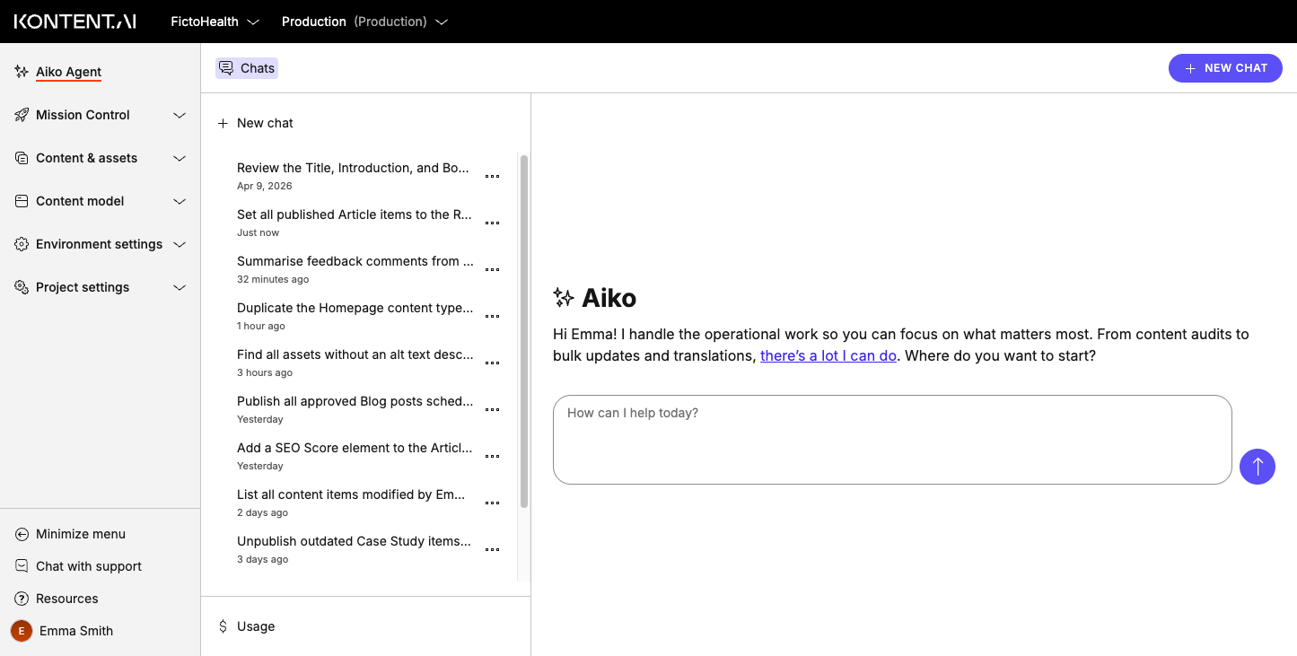 Aiko chat interface with chat list, message dialog to send requests, and the ability to create a new chat