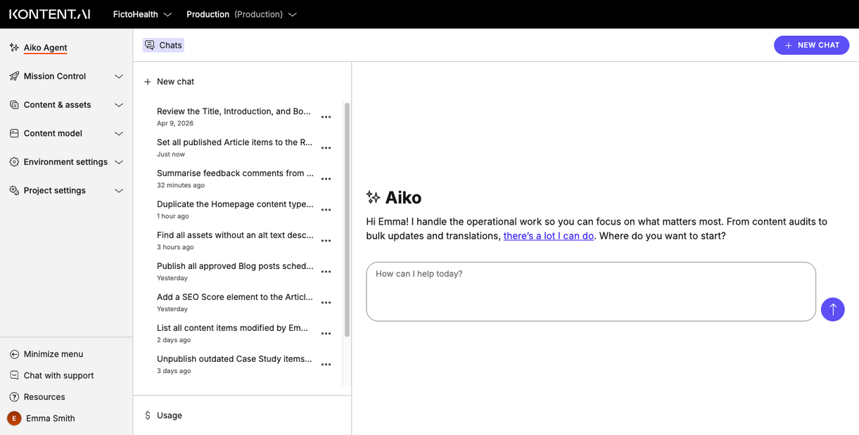 Aiko chat interface with chat list, message dialog to send requests, and the ability to create a new chat