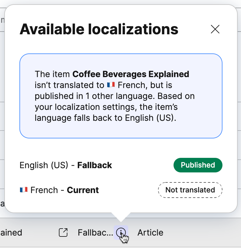 A pop-up displaying information about an untranslated linked item that can fallback to a different language that is already published.