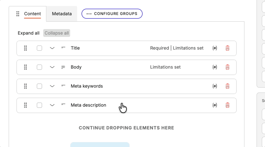Moving selected elements to a different content group